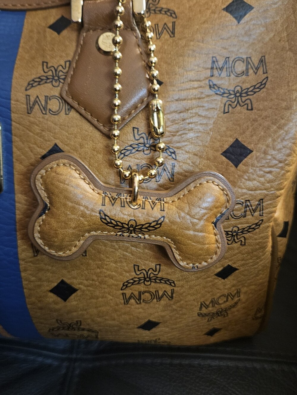 MCM Cognac Visetos Boston Satchel with Blue Stripe - Picture 4 of 9
